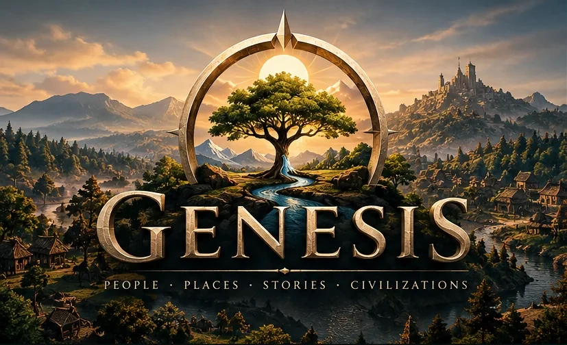 Genesis tree-of-life emblem and wordmark above a sunlit mountain valley