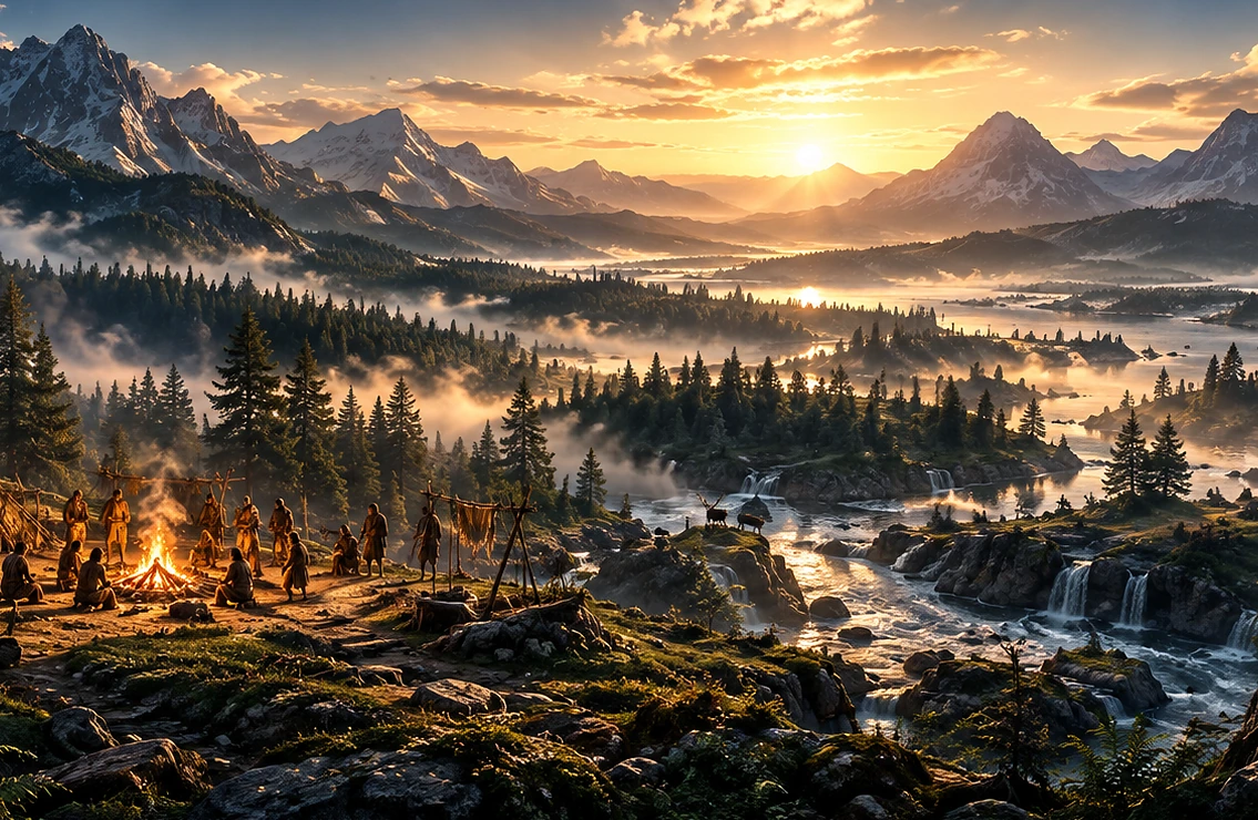 Sunrise over a forested river valley, an illustration of the future Genesis world