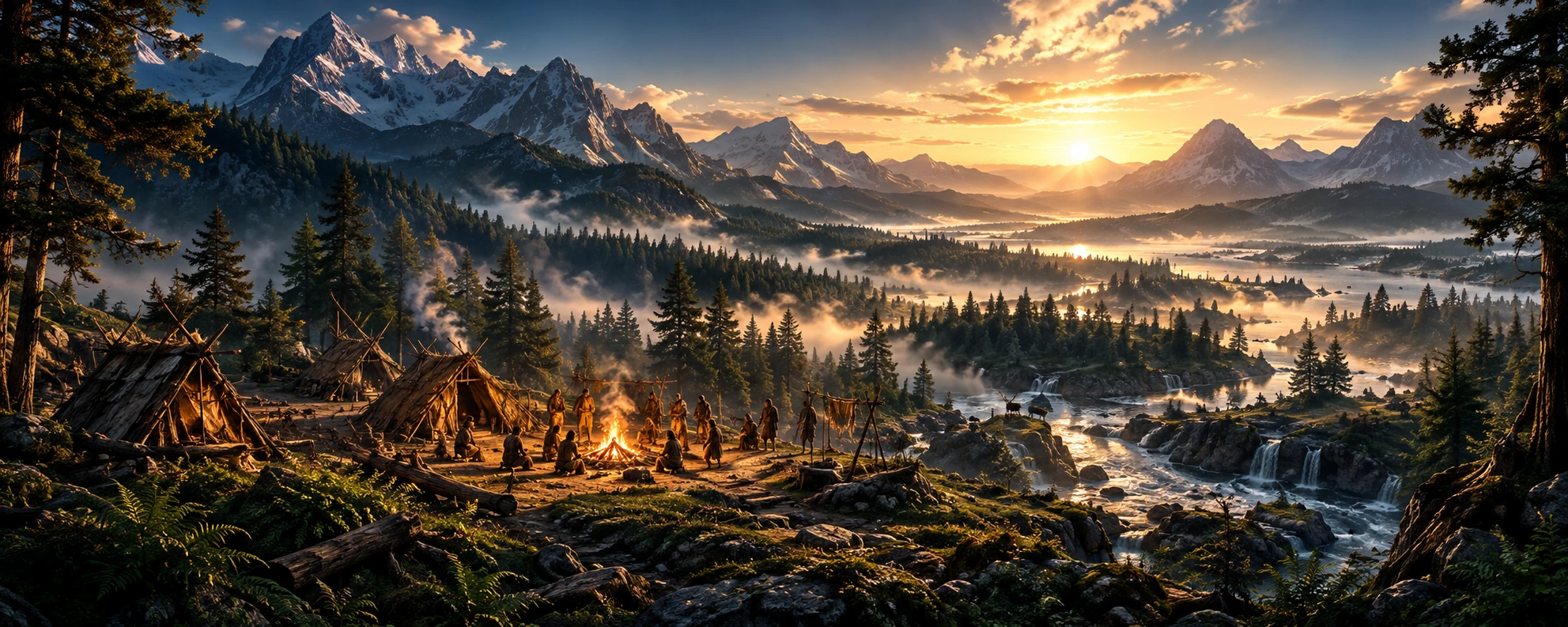 Primitive campsite and the first fires in a mountain valley