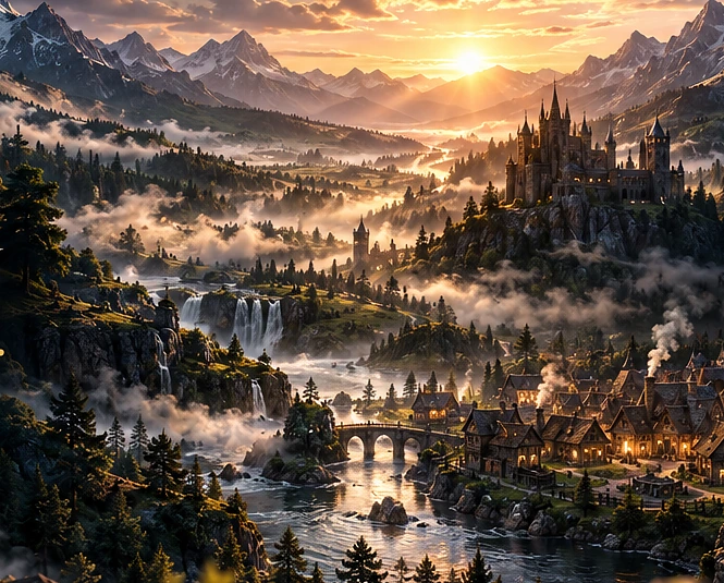 Illustrative developed settlement with towers, a bridge and distant fortress